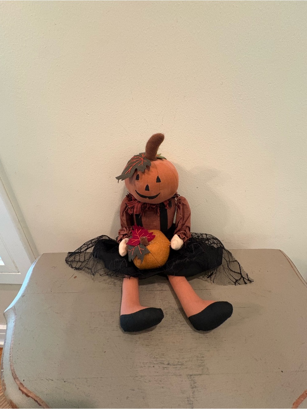 VTG Primitive Halloween Pumpkin Folk Art Girl Doll